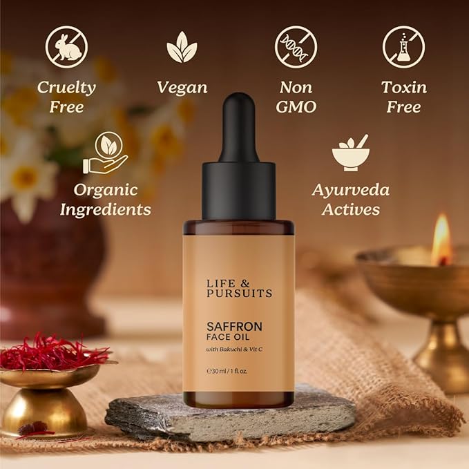 Life & Pursuits Saffron Face Oil 1 Fl Oz with Kashmir Saffron, Bakuchi, Vitamin C for Face Brightening, Moisturizing, Dark Spots, Fine Lines, Wrinkles. Lightweight Daily Face Massage oil | Anti-Aging