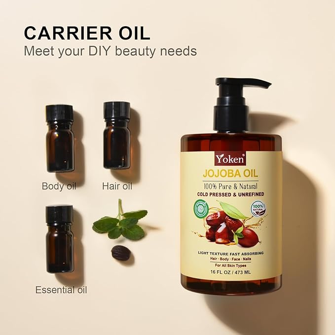 Pure Jojoba Oil EWG Verified 16 fl oz, 100% Natural Jojoba Oil for Hair, Skin & Face, Cold Pressed Unrefined, Deeply Moisturizing Body oil Carrier Oils for Essential Oils Mixing