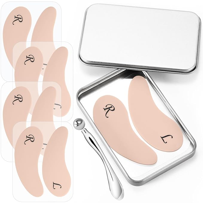 4 Pairs Reusable Under Eye Wrinkle Patches Silicone Mask, Plump Fine Lines & Wrinkles, with Metal Eye Cream Applicator, Tin Case, Cream