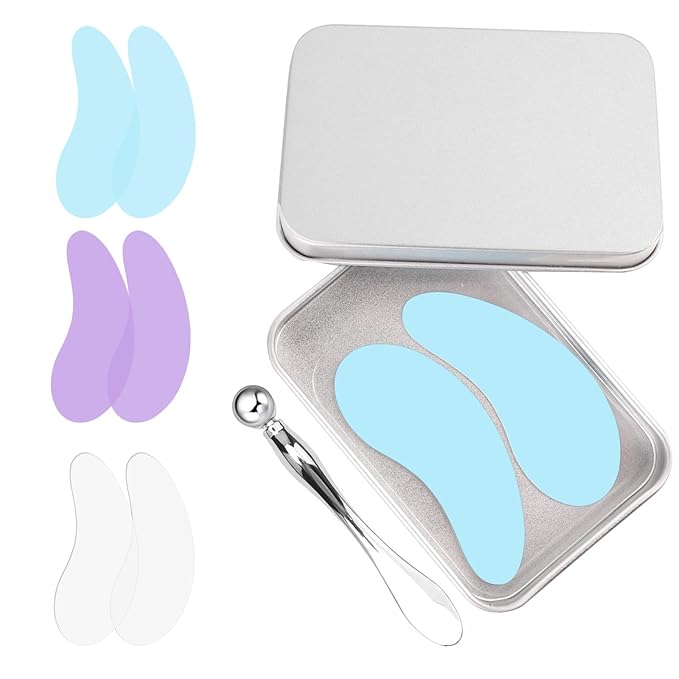 Reusable Eye Patches, 3 Pairs Eye Patches, Rreusable Under Eye Patches with Lifting Effect to Reduce Wrinkles and Fine Lines, Silicone Patches with Metal Eye Cream Applicator,Tin Case