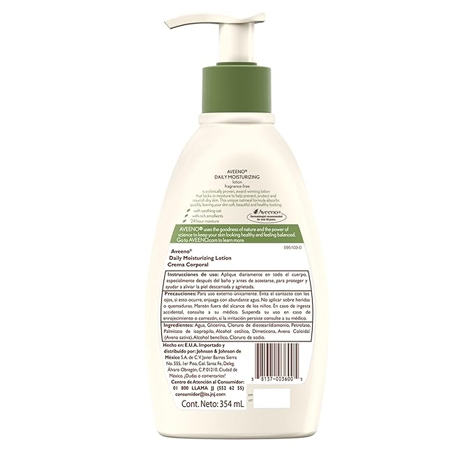 Aveeno Daily Moisturizing Body Lotion with Soothing Prebiotic Oat, Gentle Lotion Nourishes Dry Skin With Moisture, Paraben-, Dye- & Fragrance-Free, Non-Greasy & Non-Comedogenic, 12 fl. Oz (Pack of 2)