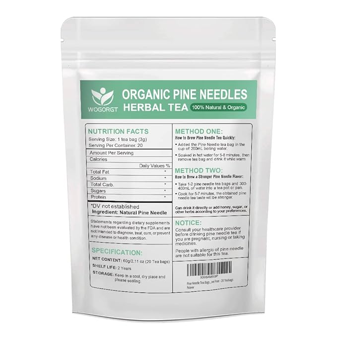 Pine Needle Tea Bags - Organic Dried Pine Needle Herbal Tea for Immune Support & Antioxidant, Caffeine Free, Natural Suramin, 20 Tea bags