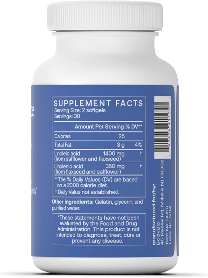 BodyBio Omega Oils 3 & 6 - Essential Fatty Acids for Brain and Heart Health | Organic Safflower and Flax Seed Oil Blend | Cold-Pressed Oils | DHA EPA | Balance Oil 60 Softgel