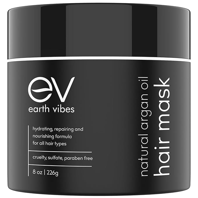 Earth Vibes Hydrating Argan Oil Hair Mask Conditioner - Deep Conditioning & Moisturizing - Hair Treatment For Dry Damaged Hair - Sulfate Free - Organic Jojoba Oil, Coconut Oil (8 Oz/226g)