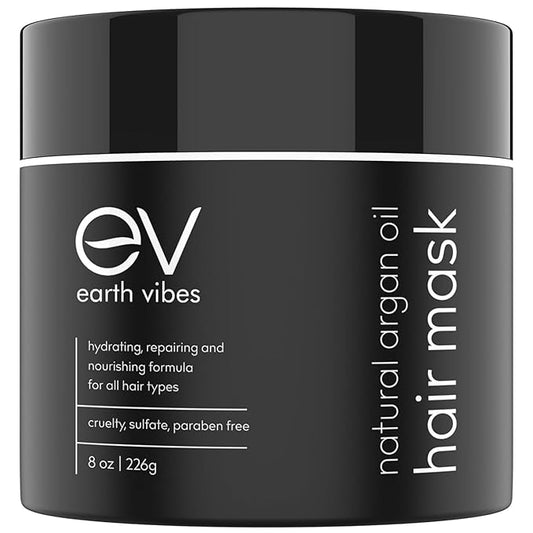 Earth Vibes Hydrating Argan Oil Hair Mask Conditioner - Deep Conditioning & Moisturizing - Hair Treatment For Dry Damaged Hair - Sulfate Free - Organic Jojoba Oil, Coconut Oil (8 Oz/226g)