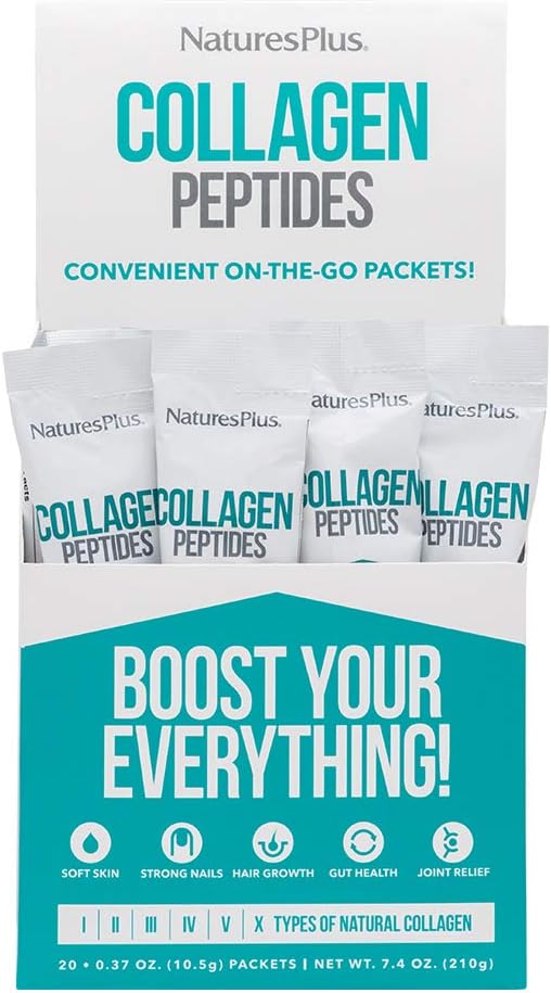 Natures Plus Collagen Peptides - 20 Stick Packets - Hair, Skin, Nail & Joint Health, Immune System Support - Non-GMO, Gluten Free - 20 Servings