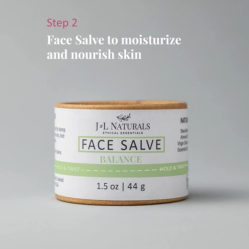 J&L Naturals Simple Skin Regimen Kit With Cleansing Bar, Face Salve, Konjac Sponge, Lip Balm | For Oily, Dry, Mature, and Combination Skin | Zero Waste (Balance (oily, combination skin), Simple)