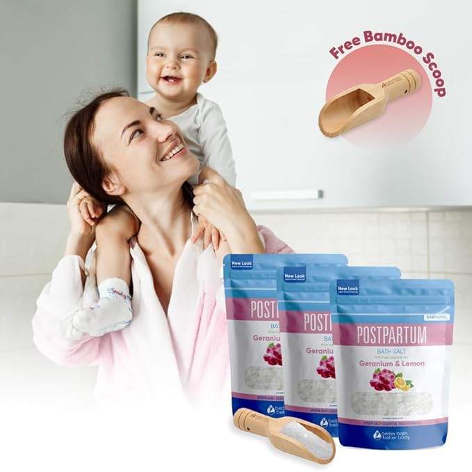 Postpartum Bath Salt (3 Pack with Scoop) Postpartum Bath Soaks USP Grade Epsom Salt with Pure Essential Oils in BPA Free Pouch with Press Lock Seal Made in USA Three 2 Lbs Pouches 6 Lbs Total