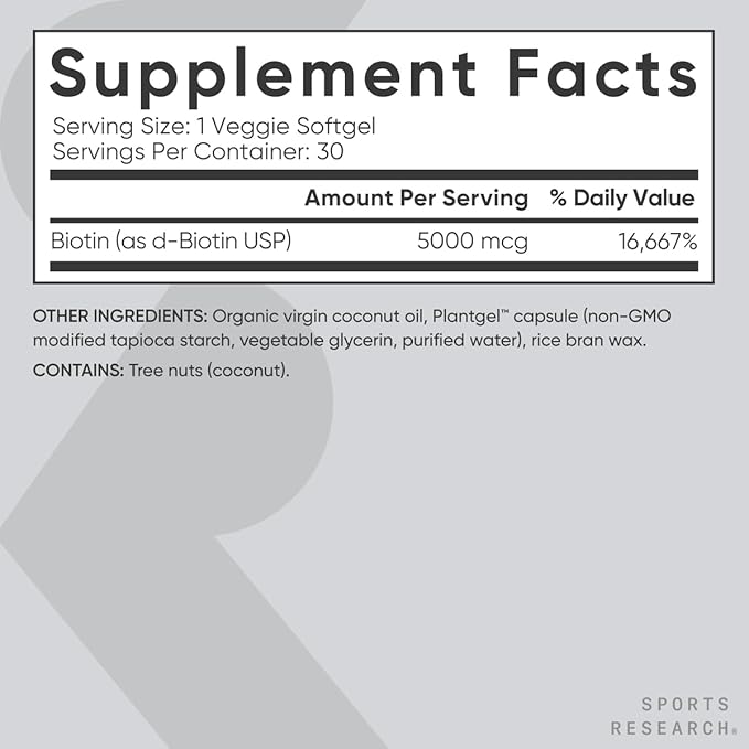 Sports Research Extra Strength Vegan Biotin (Vitamin B) Supplement with Organic Coconut Oil - Supports Keratin for Healthier Hair & Skin - Great for Women & Men - 5,000mcg, 30 Veggie Softgel Capsules