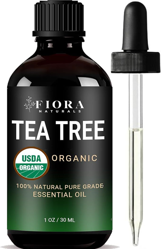 Tea Tree Essential Oil by Fiora Naturals- 100% Pure Organic Oil, for Face, Hair, Skin, Acne, Scalp, Foot and Toenails. Melaleuca Alternifolia, 1 oz /30ml