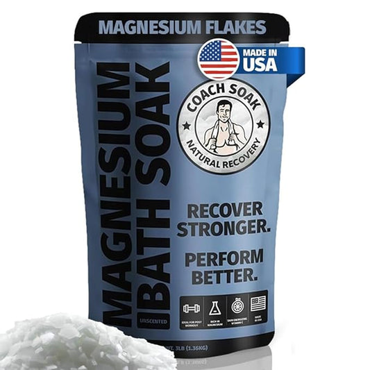 Coach Soak Recovery Bath Soak - Faster Absorption Than Epsom Salt for Pain - Rejuvenating Magnesium Flakes with 21 Minerals, Essential Oils & Bath Salts, 3lbs (Unscented)