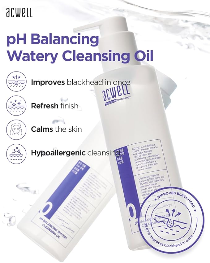 ACWELL pH Balancing Watery Cleansing Oil Facial Cleanser 6.76 fl.oz. - Makeup Cleansing Water Oil for Sensitive Skin, Lightweight Watery Oil Formula, Tea Tree Leaf Extract, Gentle Blackhead Cleanser