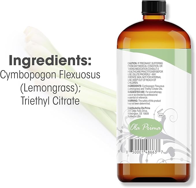 Ola Prima Lemongrass Essential Oil for Aromatherapy, Diffuser, Cleaning, Skin, Hair Health, Relaxation, Soap & Candle Making (16oz Bulk)