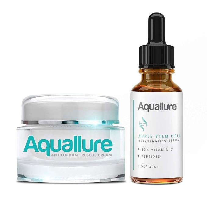 Antioxidant Rescue Cream and NEW! Aquallure Apple Stem Cell Rejuvenating Serum - Anti Aging 2 Step BUNDLE - Moisturizing Peptides, Hyaluronic Acid, Vitamin C 20% - (1 oz each) (2 items)