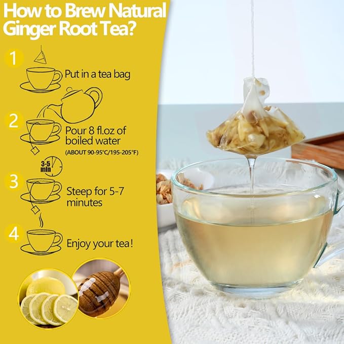 60 Premium Ginger Tea Bags, Made with 100% Natural Ginger Root, Warm & Spicy, Support Digestion & Boost Immunity, No Additives & Caffeine Free.