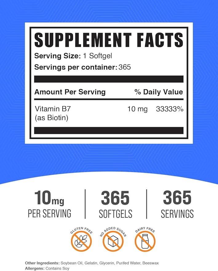 BulkSupplements.com Biotin 10000mcg Softgels - Vitamin B7, Biotin Vitamins for Hair, Skin and Nails, Biotin Supplement - Gluten Free, 1 Softgel per Serving, 365 Count (Pack of 1)
