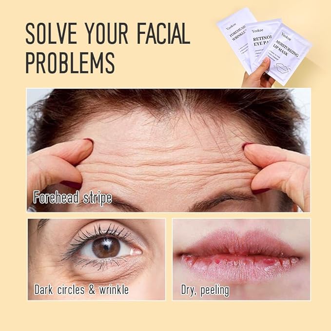 Forehead Wrinkle Patches,Under Eye Patches and Lip Mask 30 PCS. Face Masks Skincare With Retinol Serum For Anti-aging Puffy Eyes and Dark Circles