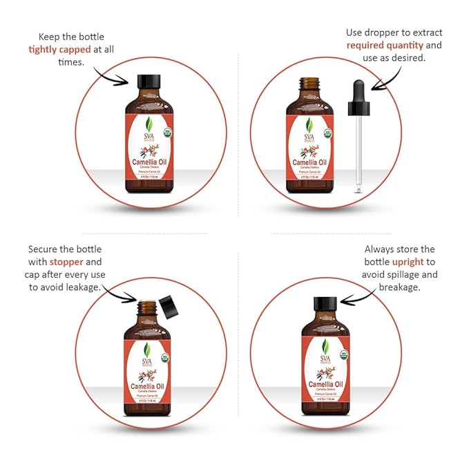 SVA Camellia Seed Oil Organic - 4 Fl Oz – 100% Natural Cold Pressed Organic Camellia Oil - for Face, Skin Care, Hair Care, Scalp Massage & Body Massage – Carrier Oil with Dropper