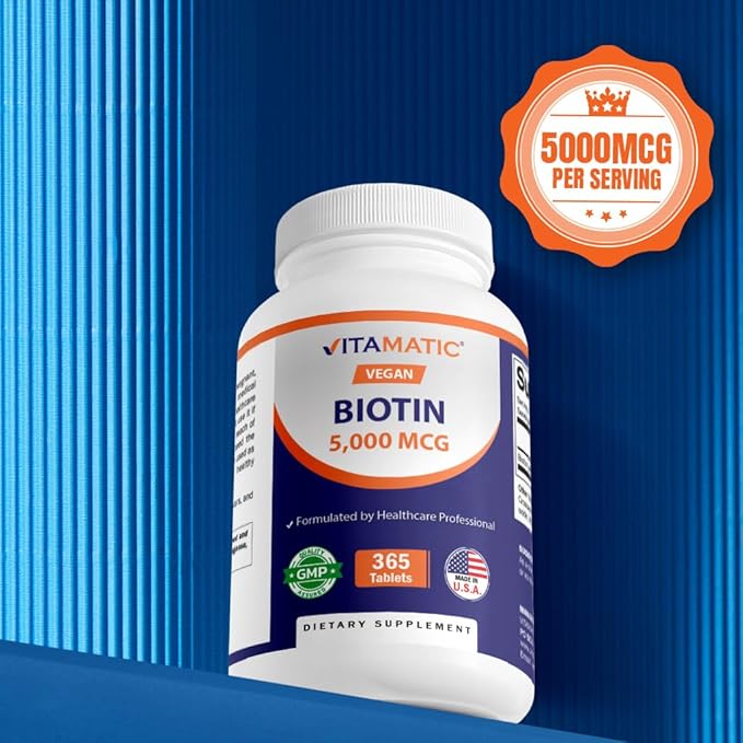 Vitamatic Biotin 5000mcg (5 mg) for Stronger Hair, Skin & Nails - 365 Vegan Tablets- Also Called Vitamin B7