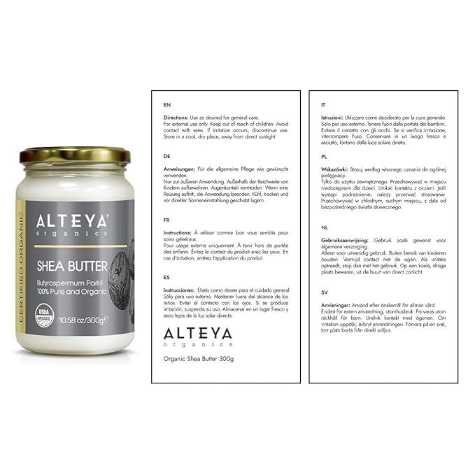 Alteya Organics Pure Shea Butter 10.58fl oz/300g Glass Jar- 100% USDA Certified Organic Pure Shea Butter (Butyrospermum Parkii)