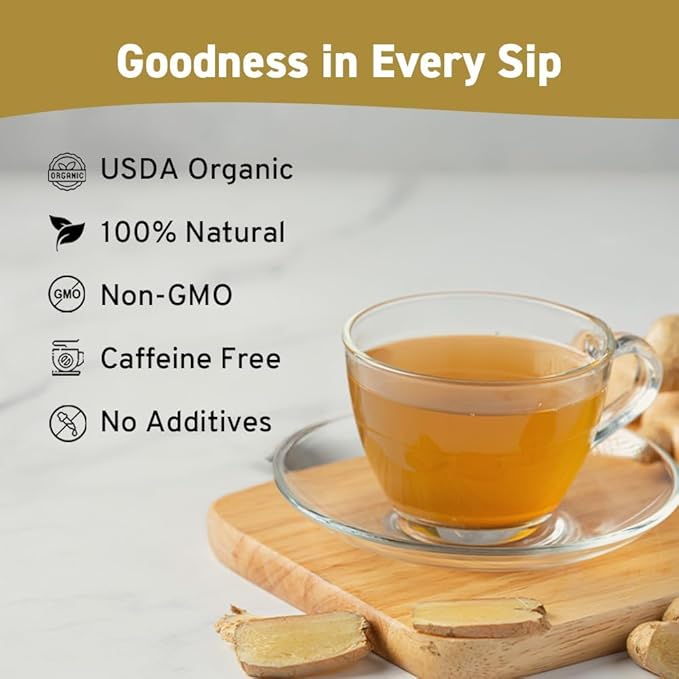 HANDPICK, Organic Ginger Tea Bags (100 Herbal Tea Bags), Caffeine Free & 100% Pure Ginger Root |Soothing & Spicy Blend | Round Eco Conscious Teabags
