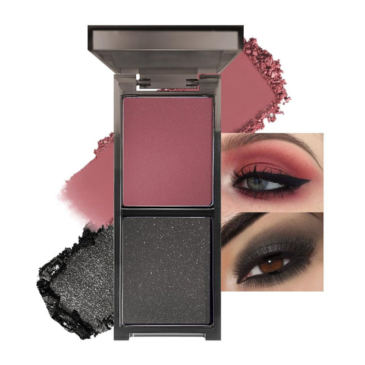 Wine Red Black Two Color Matte Shimmer Eyeshadow,Bright Eye Shadow Powder,Professional Long-Lasting Waterproof Makeup Palette,Easy-To-Apply and Compact for Travel