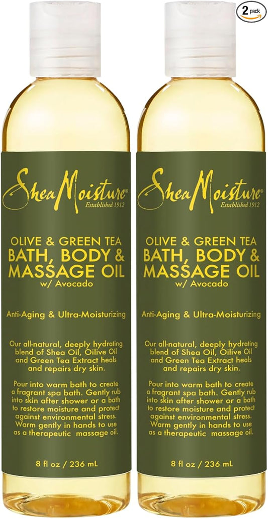 SheaMoisture Olive & Green Tea Bath, Body & Massage Oil 2-Pack – Avocado Oil, Anti-Aging & Ultra-Moisturizing for Dry Skin, 8 Oz Ea