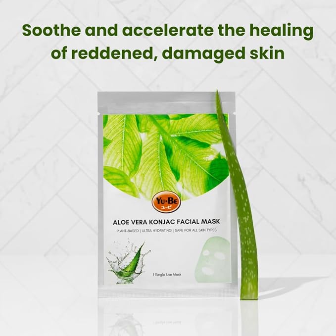 Yu-Be Facial Mask: Revitalizing Aloe Vera | Plant-Based Konjac Sheet Mask Soothes, Plumps, & Hydrates Face | Reduces Appearance of Scars, Dark Spots, & Wrinkles | Boosts Skin Elasticity - 3 sheets