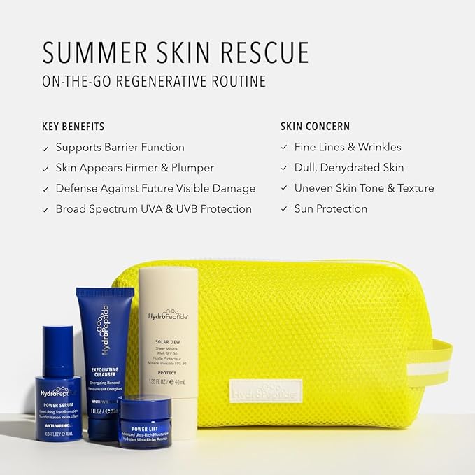 HydroPeptide Summer Skin on-the-Go Regenerative Routine & Travel Size Kit: Power Lift, Power Serum, Exfoliating Cleanser & Solar Dew Mineral Melt SPF30