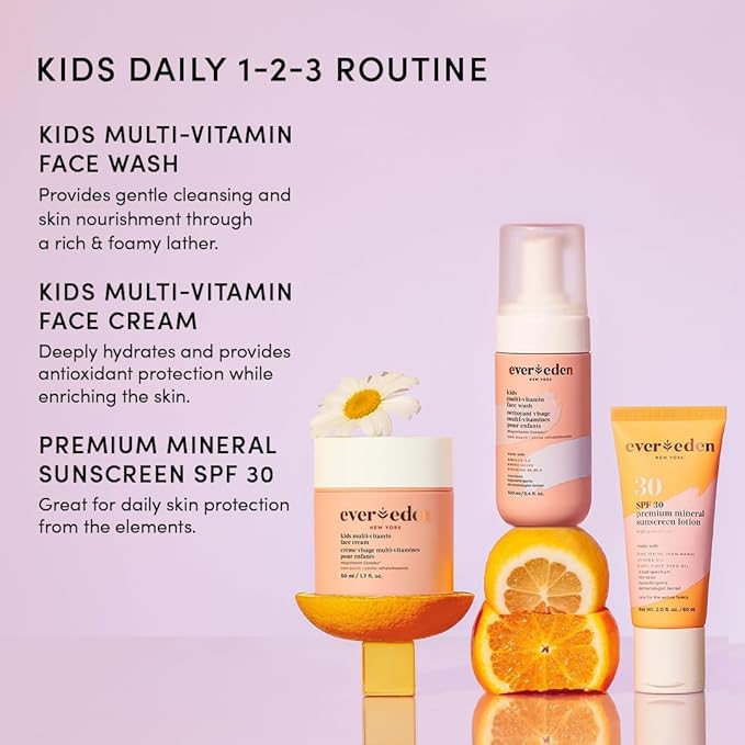Evereden Kids Skincare Bundle: 1-2-3 Routine with Multi-Vitamin Peach Face Wash, Cream, SPF 30 & Spa Headband – Gentle, Nourishing Skincare & Fun Hair Management for Kids – Perfect for Daily Care