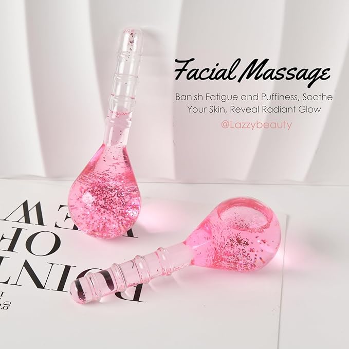 Ice Globes for Face and Eyes, Cooling Facial Facial Roller Balls, Beauty Massage Tools to Reduce Puffiness, Redness, Fine Lines, Cryo Facial Sticks for Home Spa Skincare Routine, Glitter Pink