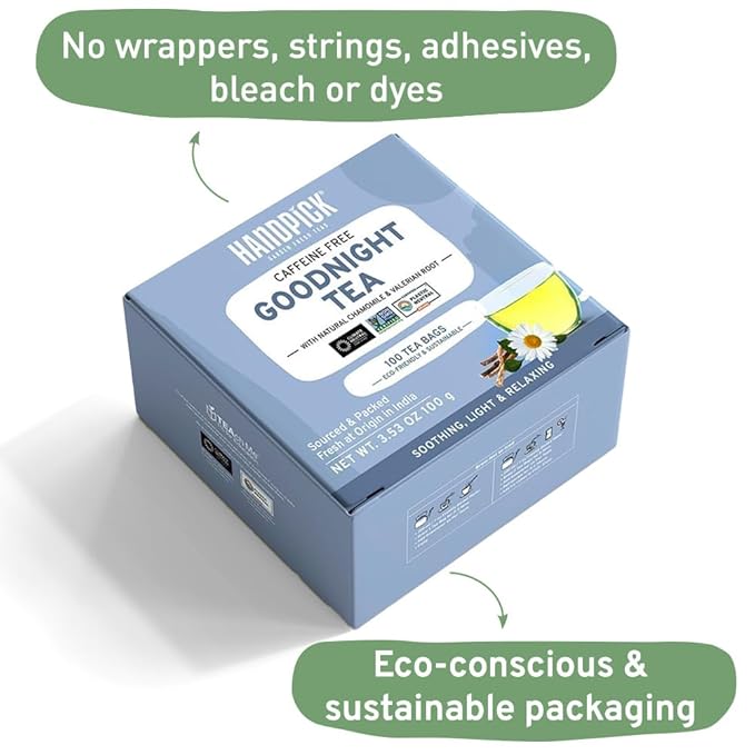 HANDPICK, Good Night Tea Bags (100 Count) Night Time Herbal Tea | Caffeine Free, Gluten Free | Floral Blend - Lavender, Chamomile, Peppermint | Natural Tea, Perfect for Bedtime