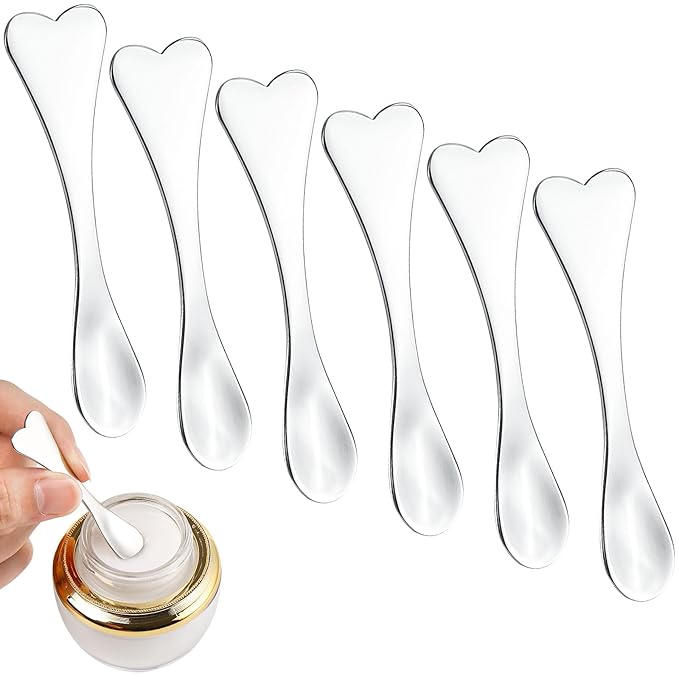 Aswewamt 6Pcs Mini Metal Makeup Spatula Facial Massage Scoop Heart-shaped Skincare Spatula Silver Cream Dig Beauty Spoons Reusable Cosmetic Applicator for Mixing and Sampling Face Mask Cream Lotions