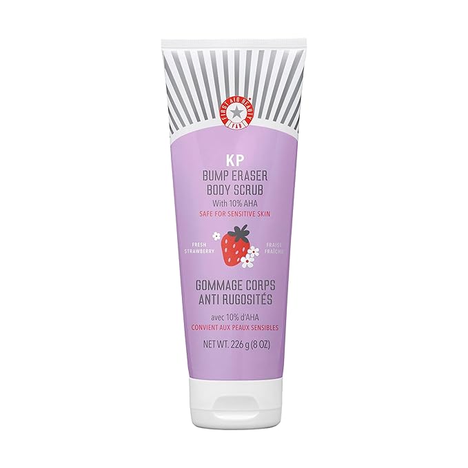 First Aid Beauty - KP Bump Eraser Body Scrub with 10% AHA, Keratosis Pilaris Exfoliator with Glycolic and Lactic acids, Helps Reduce Chicken Skin Bumps, Safe for Sensitive Skin, Strawberry Scent, 8 oz