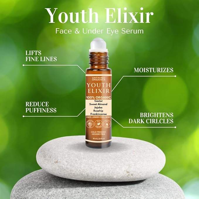 Youth Elixir - Roll On Facial Serum For Under Eyes and Face with Certified Organic, Cold Pressed, Hexane Free Castor, and Frankincense Oil - Miracle Anti-Aging Oil 10mL