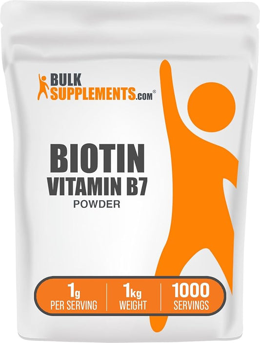BulkSupplements.com Biotin 10000mcg Powder - Biotin Powder, Biotin Supplement, Biotin Vitamins for Hair Skin and Nails - Gluten Free, 1000mg per Serving (10mg Biotin), 1kg (2.2 lbs)
