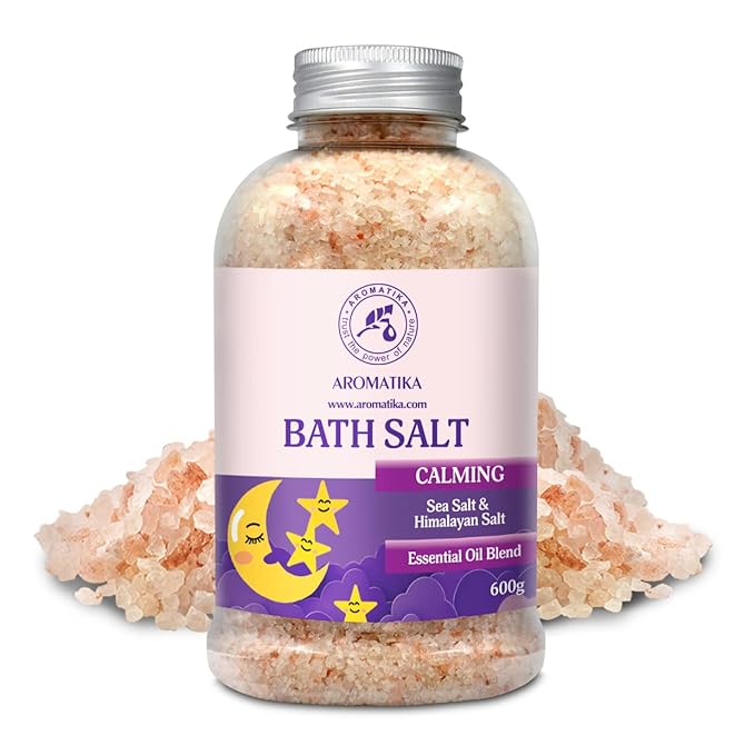 Calming Bath Salts 21.16 Oz - w/Sandalwood & Lavender & Bergamot Essential Oils - Natural Bath Sea Salts 600g - Good for Bath- Good Sleep - Relaxing - Body Care - Beauty - Aromatherapy
