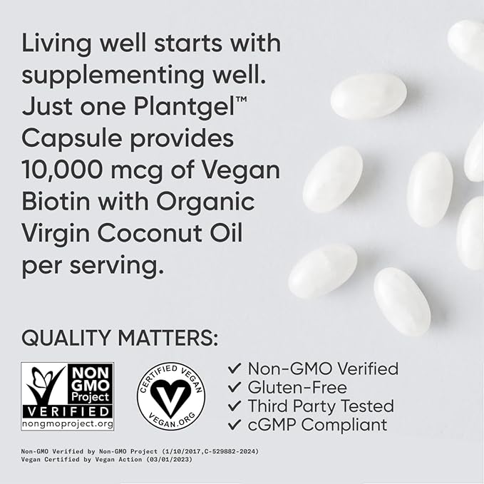Sports Research® Biotin 10,000mcg with Organic Coconut Oil - Biotin (Vitamin B7) for Healthy Skin and Hair Support* - for Women and Men - Vegan, Non-GMO, Gluten & Soy-Free - 120 Veggie Softgels