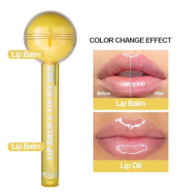 Lip Gloss and Lip Balm Combo, Magic pH Color Changing Lipstick & Vitamin E Clear Lip Oil Combo, Hydrating Plumping Lip Care Product for Girls (Yellow)