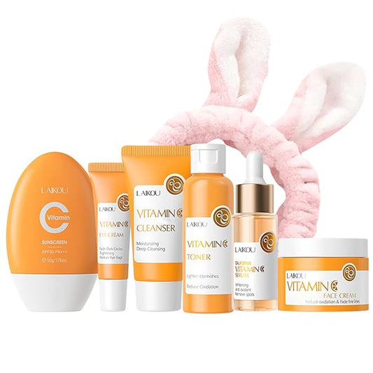 Vitamin C Skincare Set For Teen Girls Skin Care Set With Vitamin C Serum,Toner,Cleanser,Eye Cream,Face Cream,Sunscreen, Travel Skincare Set For Girls, Birthday Gifts for Womens
