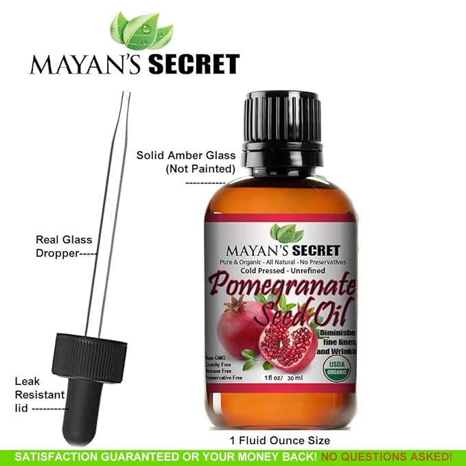 Mayan's Secret USDA Certified Organic Pomegranate Seed Oil for Skin Repair -Glass Bottle Cold Pressed and Pure Rejuvenating Oil for Skin, Hair and Nails
