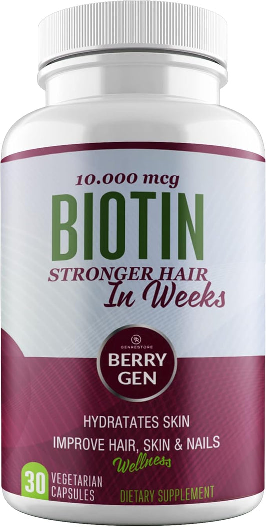 Berry Gen Biotin Supplement 10000 mcg Vegetarian Capsules - Support Hair Health & Growth, Help Heal Skin & Reduce Wrinkles and Moisturize Skin, Hair, and Nails - 30 Count (3)