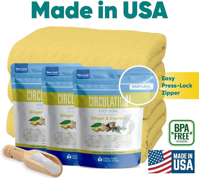 Circulation Foot Soak (3-Pack with Scoop) Foot Soaking Epsom Salts with Pure Essential Oils in BPA Free Pouch with Press-Lock Seal Made in USA, Three 2-Lbs Pouches 6-Lbs Total
