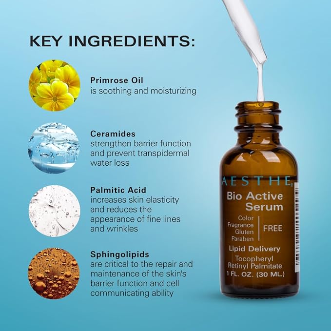 Aesthe Bio Serum for Face and Neck - Skincare Treatment for Wrinkles, Lines, Spots - Youthful Radiance - Uplifting Vitamin A, Primrose Oil, Retinyl Palmitate - Suitable for All Skin Types - 1.0 fl oz