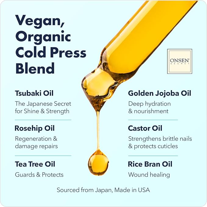 Onsen Secret Nail & Cuticle Repair Oil (10ml) - Dry Oil Formula - Japanese Tsubaki, Tea Tree & Jojoba - Strengthens Nails, Repairs Cuticles, Hydrates Skin & Hair - Natural & Vegan