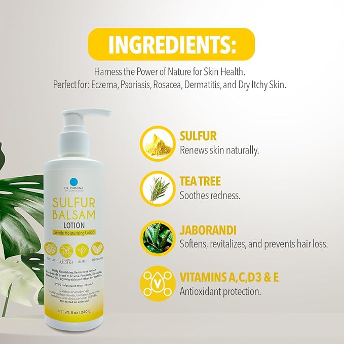 Dr. Robaina Sulfur Balsam Lotion – Daily Moisturizing Lotion for Eczema and Psoriasis Relief – Soothes Redness, Hydrates Sensitive Skin – Natural Ingredients – Made in the USA (Pack of 1)