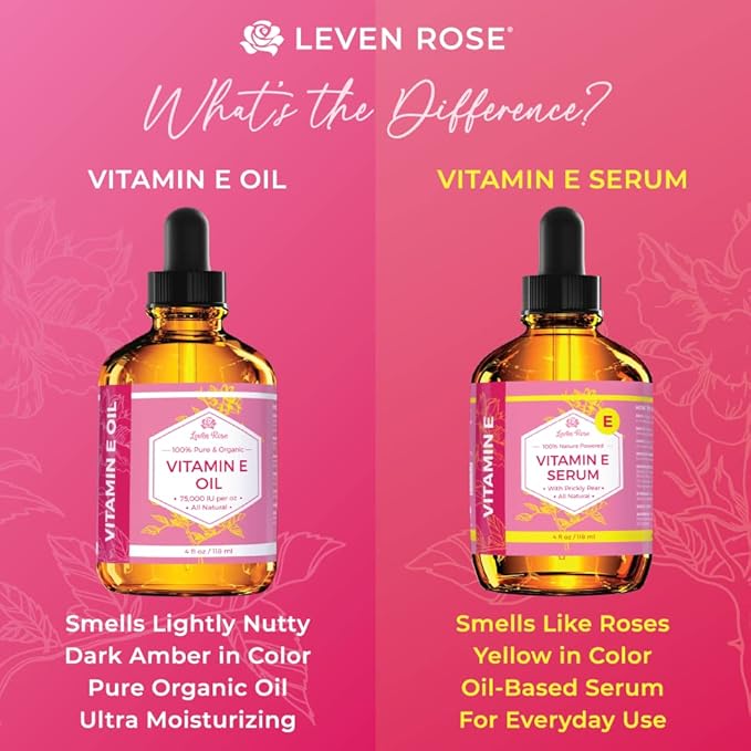Leven Rose Vitamin E Oil Serum 100% Pure Organic All Natural for Face, Dry Skin Moisturizer, Hair & Nail Growth, Pure Makeup Remover, Cleansing Oil Large 4 oz