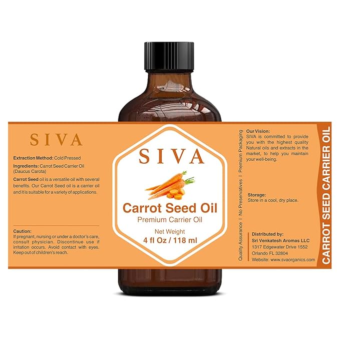 SIVA Carrot Seed Oil 4oz (118ml) Premium Cold-Pressed Carrier Oil With Dropper For Face, Skin Care, Body Massage, Hair Care, Hair Oiling & Scalp Massage