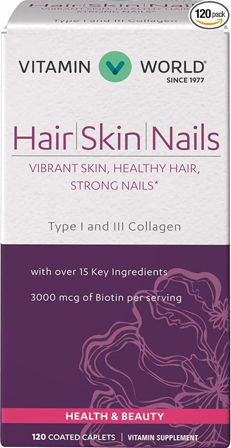 Vitamin World Hair, Skin and Nails Formula 120 caplets, Biotin B-7 Vitamin, Healthy Hair, Skin, Nails, Type I and III Collagen, Coated, Gluten Free