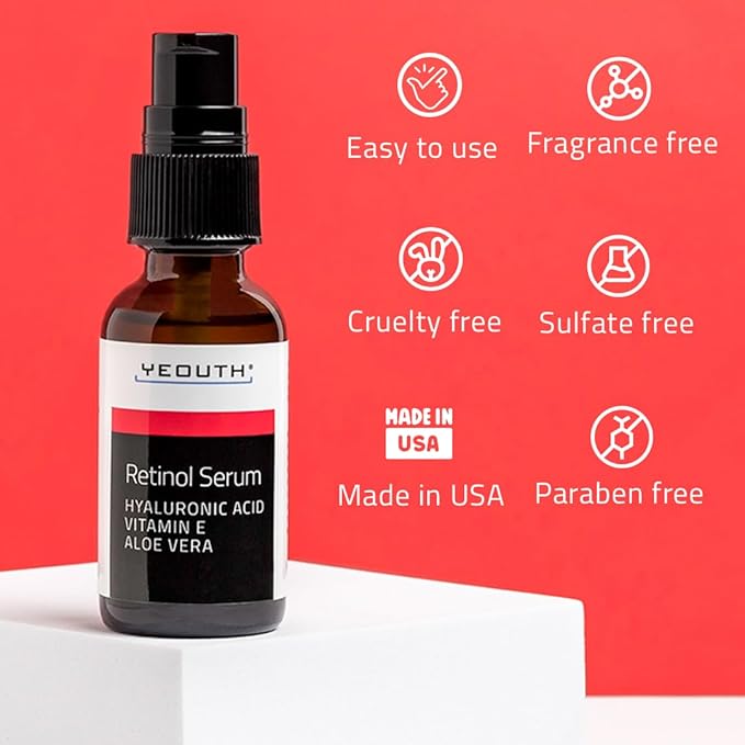 YEOUTH Retinol Serum for Face with Hyaluronic Acid & Vitamin E, Hydrating Retinol for Face, Night Serum Suitable for All Skin Types 2oz